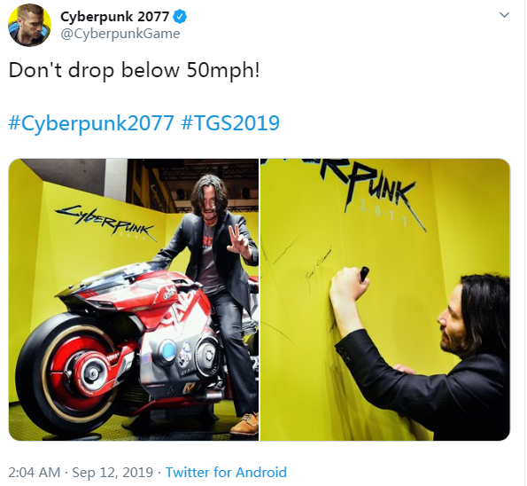 TGS：基努现身《赛博朋克2077》展台 骑摩托造型酷帅