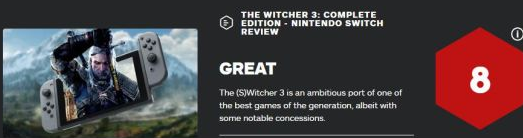 NS《巫师3》IGN 8分：便携、好玩但画面妥协